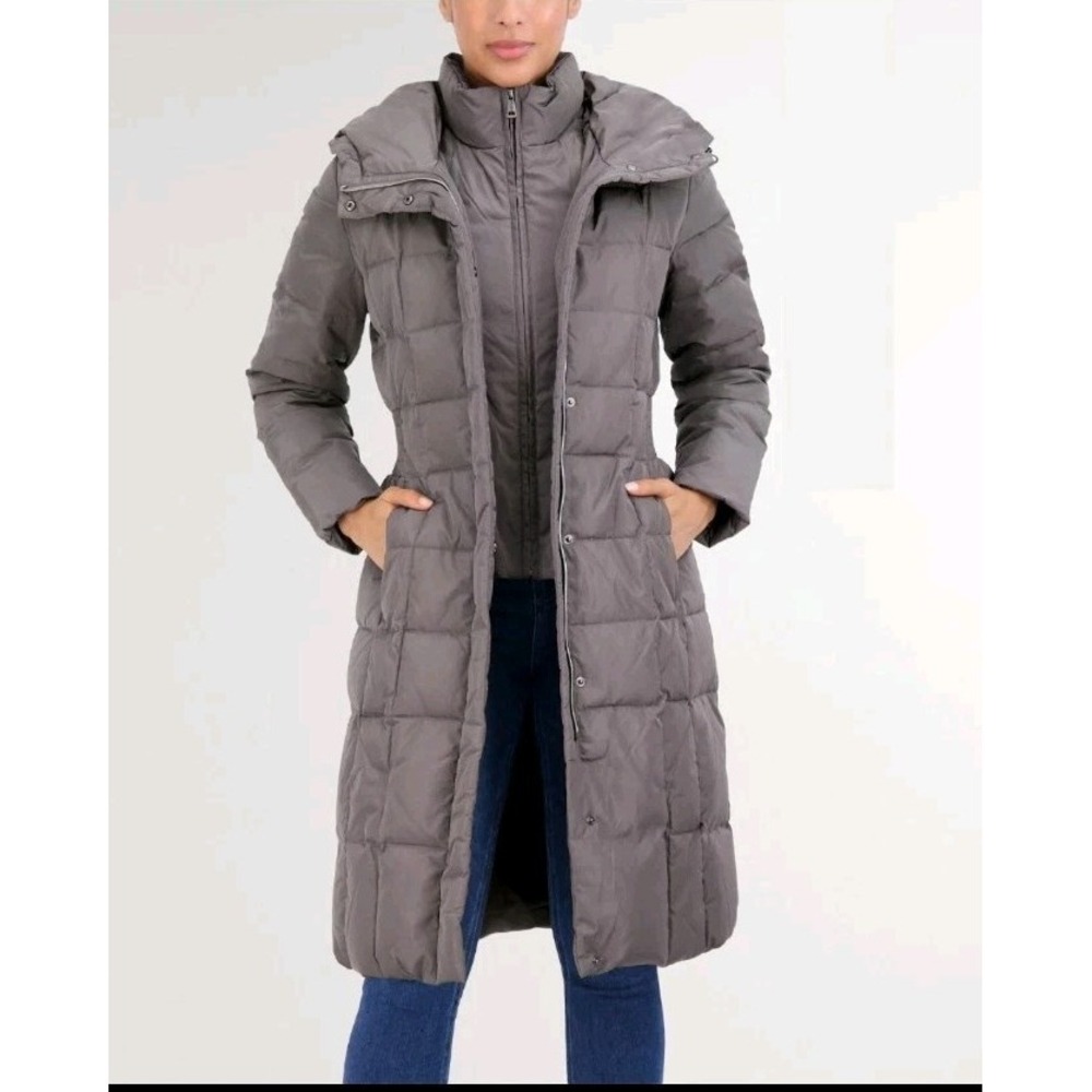 Cole Haan Signature Down Coat Quilted Puffer Parka Hooded Taupe Size XS *Flaw